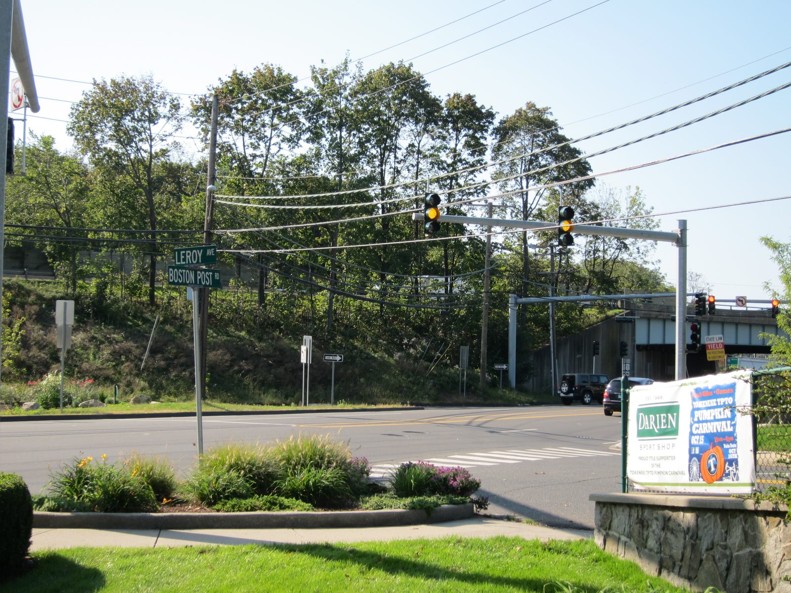 The new intersection of the Post Road and Leroy, taken from the little park in front of the Sport Shop.